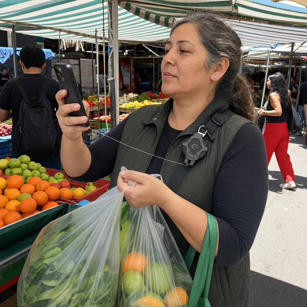 Mujer pagando con el celular en la feria con la correa Aferra