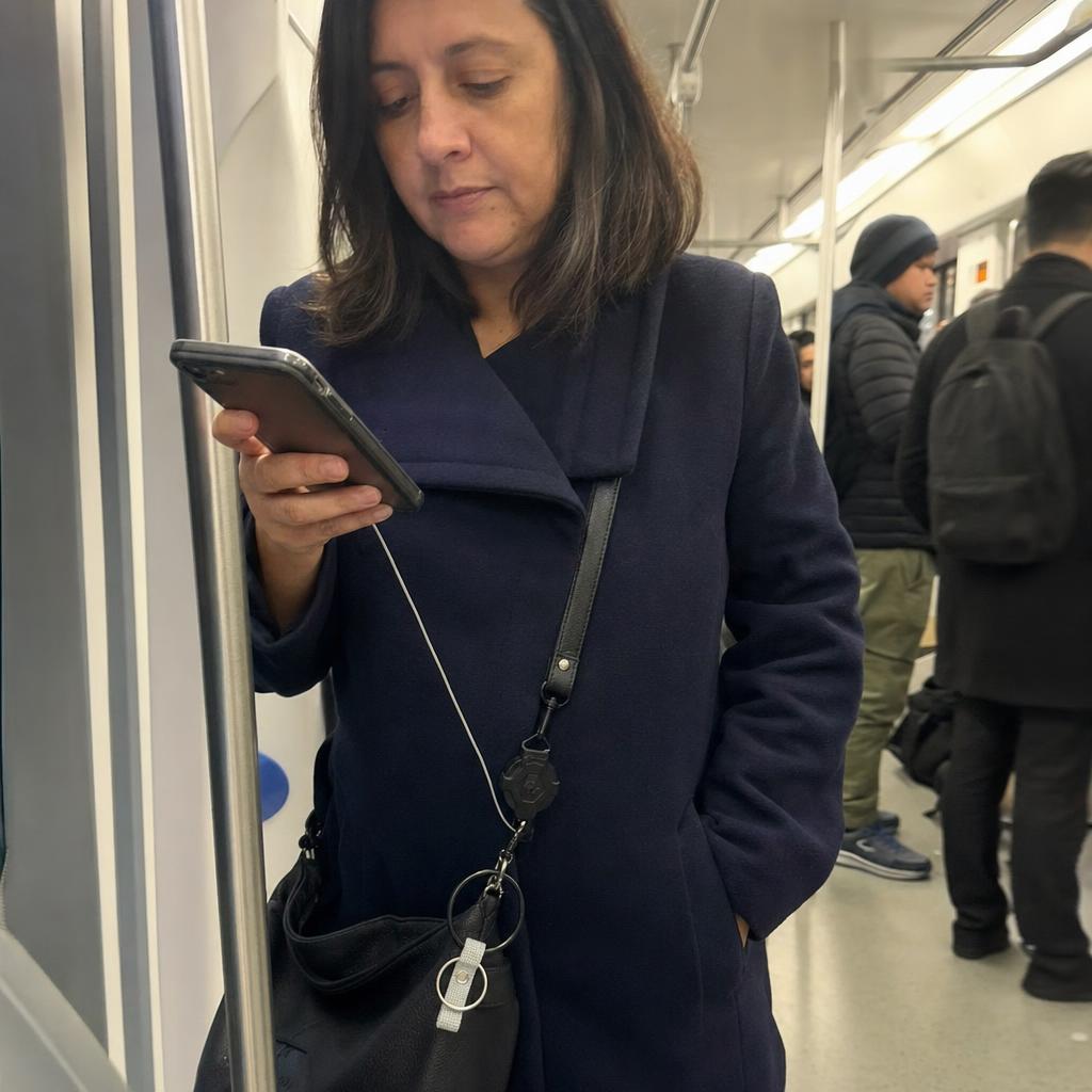 Mujer usando su celular en el Metro con la correa Aferra colgada de la cartera