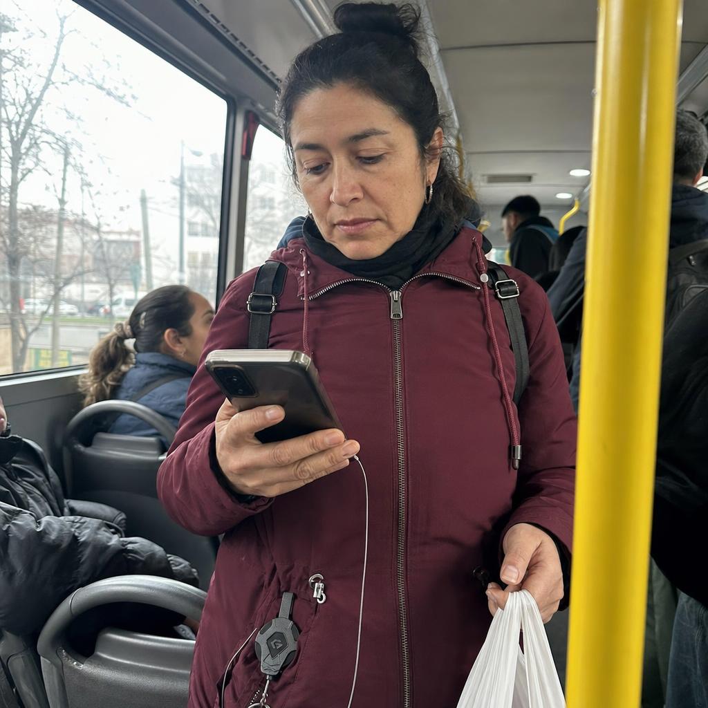 Mujer con bolsas usando el celular en la micro con la correa Aferra
